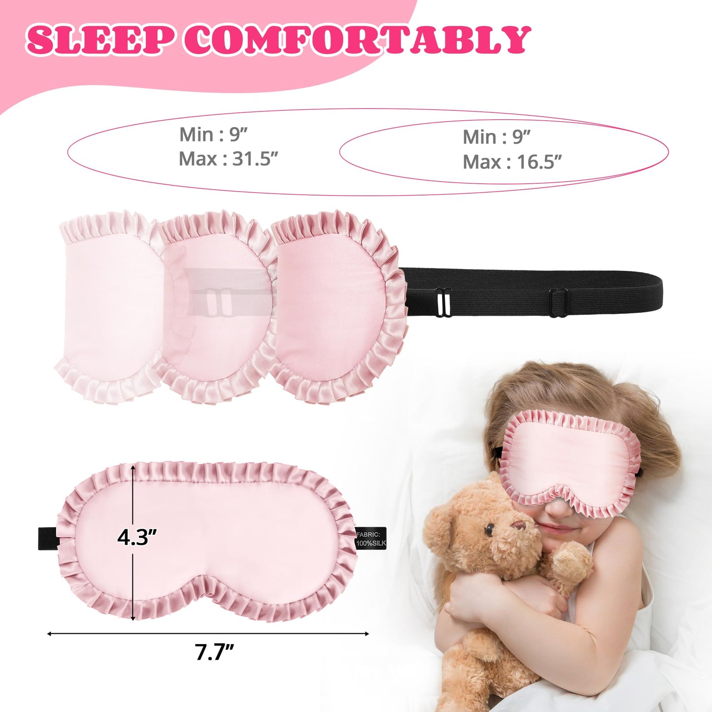 Kids Sleep Mask Eye Cover, 100% Real Mulberry Silk Sleep Mask with Adjustable Strap, Kids Blindfold for Sleeping, Boys Girls Eye Shade for Ages 5+, Soft and No Pressure (Pink)