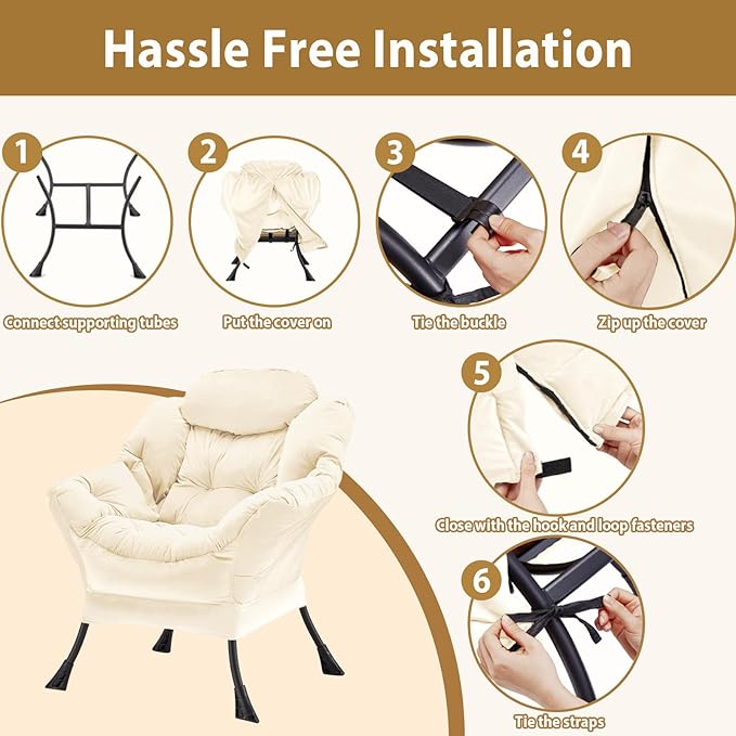 Youtanic Lazy Chair Thick Padded, Comfy Velvet Accent Lounge Chair with Stable Frame, Leisure Sofa Armchair with Armrests and Side Pocket, Reading Chair for Bedroom, Living Room, Office, Beige