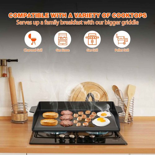 Onlyfire Universal Cast Iron Griddle for Gas Grills and Range Oven, Non-stick BBQ Flat Top Griddle with Handles for Outdoor Cooking, Tailgating, 18.6" × 14"