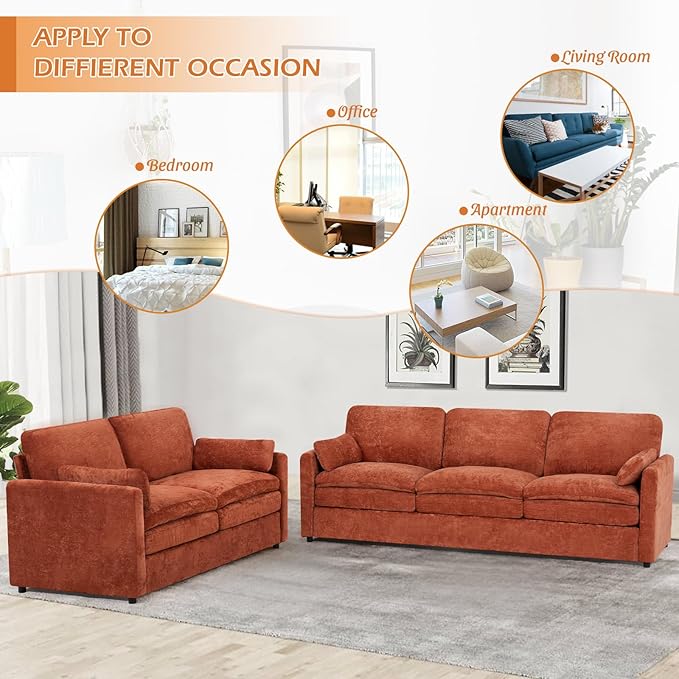 ACMEASE 2 Pieces Chenille Sofa Set w/Arm Pillows, Upholstered Loveseat & 3 Seater Sofa w/Comfortable Back Cushions, Modern 2-Seat & 3-Seat w/High-Density Foam for Living Room, Apartment, Orange