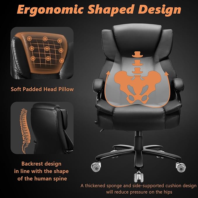 Indulgear 500lbs Big and Tall Office Chair with Dual Rubber Wheel, Heavy Duty Office Chair for Low Back Pain Relief, Large Executive Desk Chair with Adjustable Lumbar Support