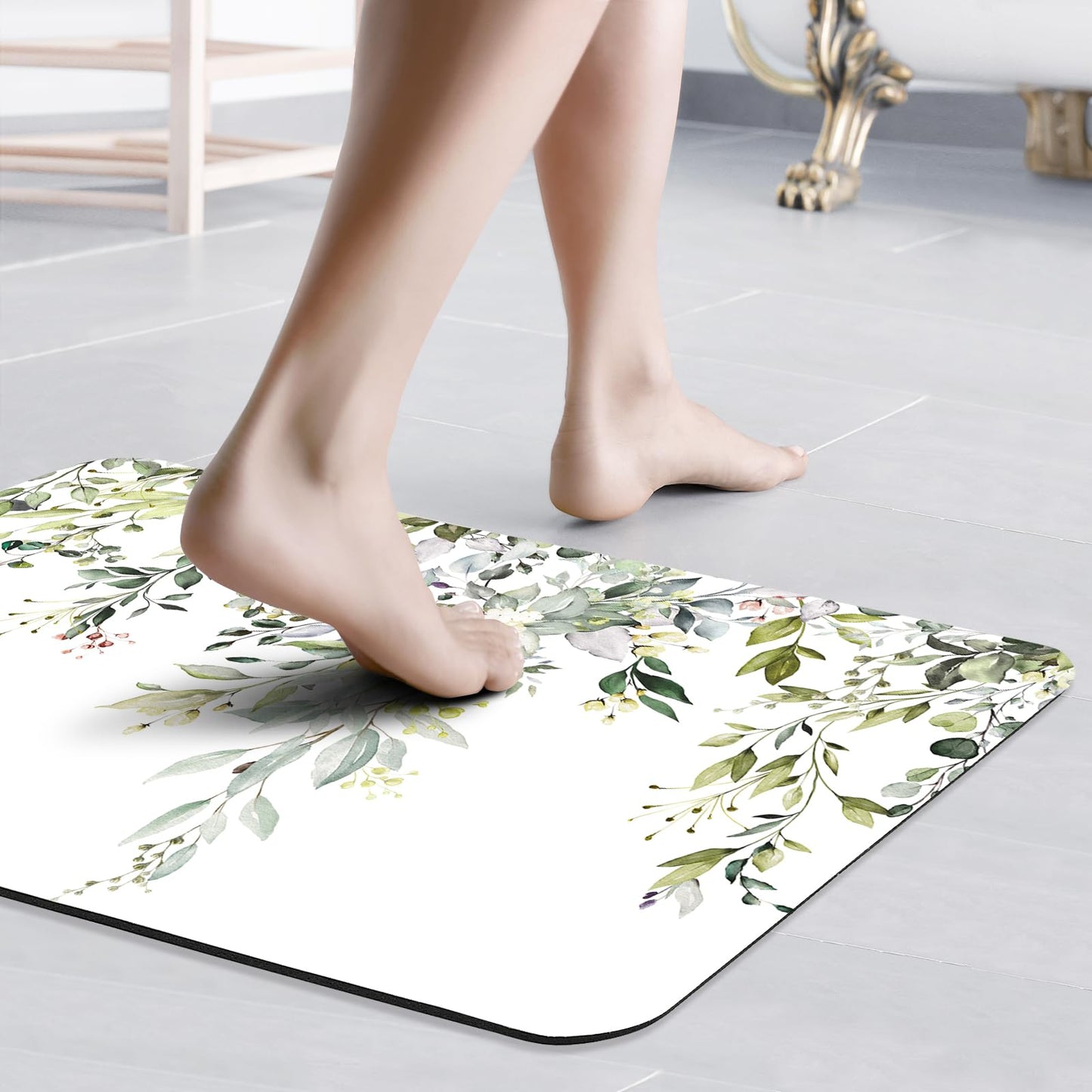 Gibelle Eucalyptus Leaves Bath Mat Rug Super Absorbent Quick Dry Thin Bathroom Rugs Fit Under Door Non Slip Rubber Backed Bathroom Floor Mat for in Front of Bathtub Sink Shower (17"x24", Sage Green)