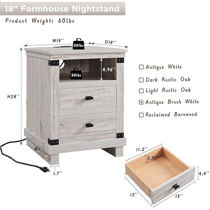 RedLemon Farmhouse Nightstand Set of 2 with Charging Station, 18" Rustic Night Stand with 2 Storage Drawers, Wood End Table for Bedroom, Living Room, Antique Brush White