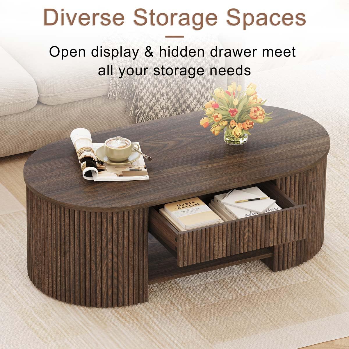 FATORRI Coffee Table with Storage, Mid Century Modern Wood Fluted Center Table with Shelf, Oval Coffee Tables with Drawer (Dark Walnut, 43.31 Inch)
