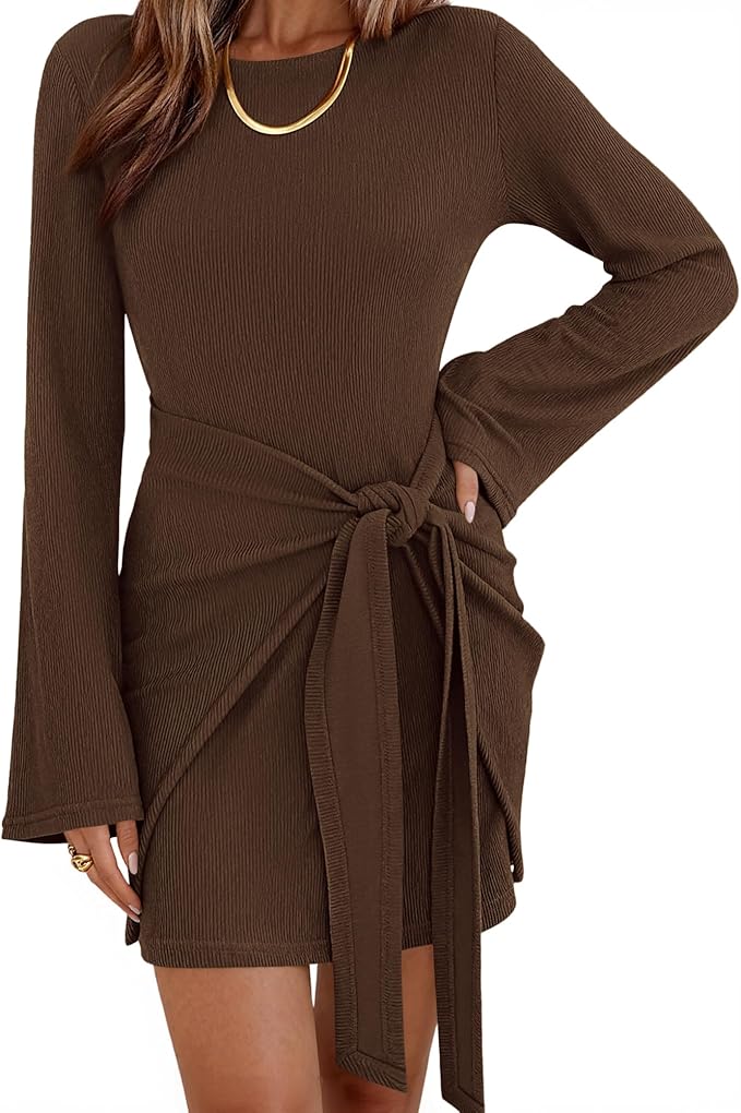 dowerme Women's Casual Mini Dress 2025 Bell Long Sleeve Boat Neck Tie Waist Bodycon Dresses Knitted Party Fall Outfits