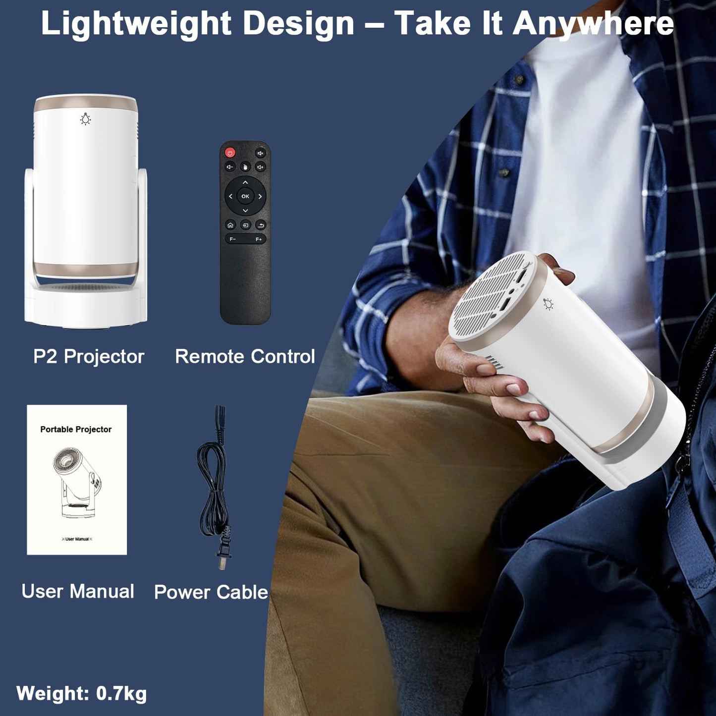 [Built-in Apps] 2-in-1 Portable Projector & LED Night Light, Smart Projector with WiFi and Bluetooth, Supports 4K/1080P, Electric Focus/Enhanced Speaker, Home Movie Projector for Bedroom