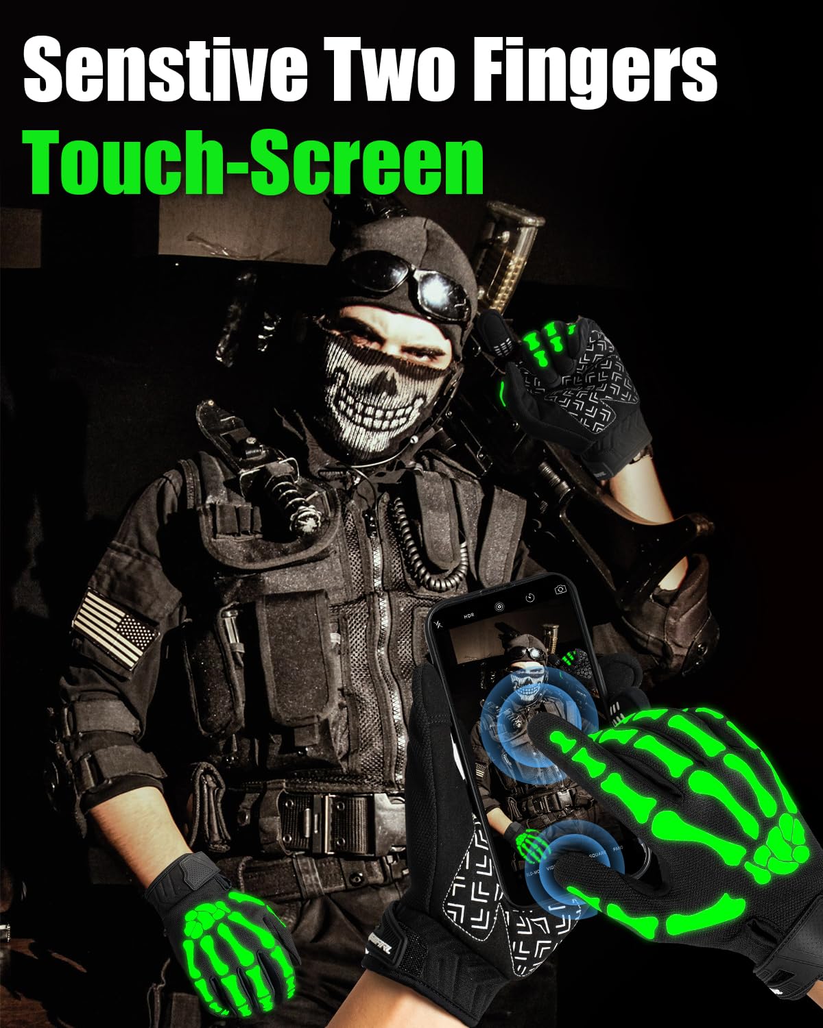 RIGWARL Skeleton Gloves Glow in The Dark, Touchscreen Riding Motorcycle Gloves for Men and Women, Breathable Dirt Bike Glove for Cycling(White, L)