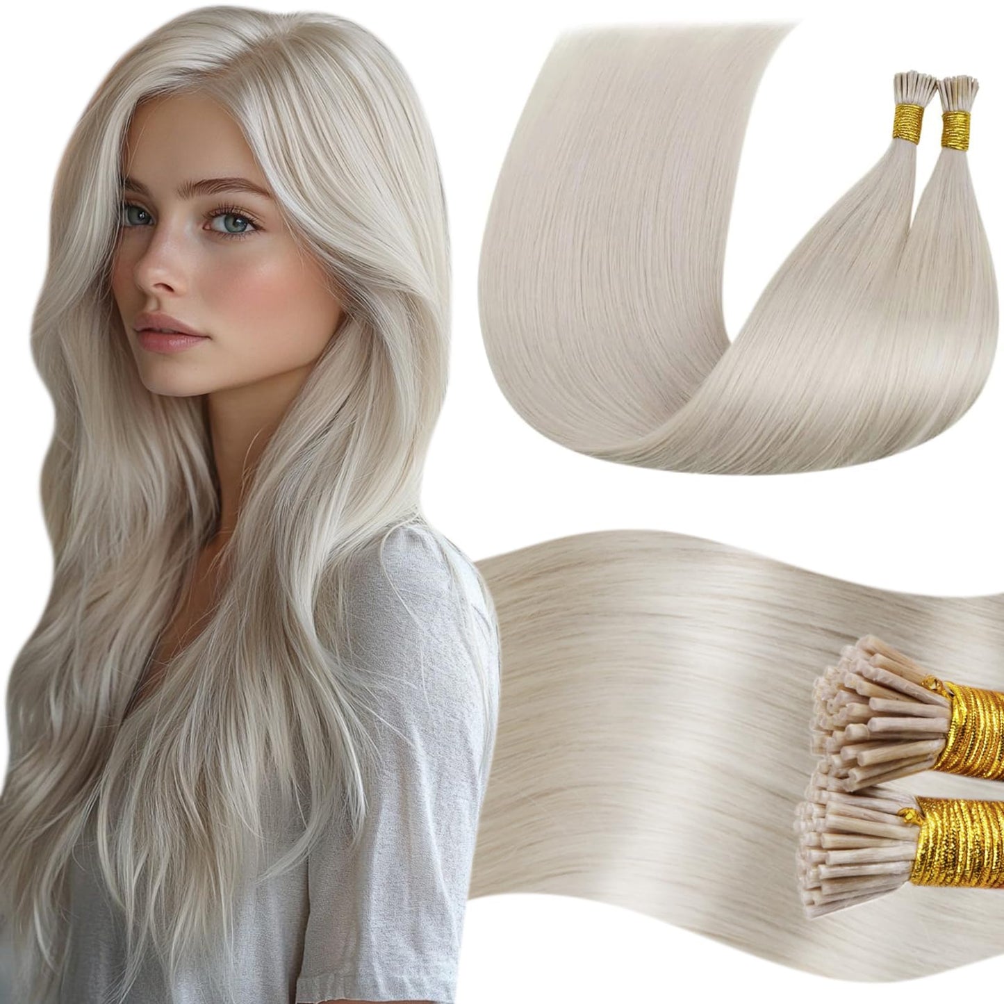 LaaVoo I Tip Hair Extensions Human Hair Platinum Blonde Itip Human Hair Extensions Blonde Cold Fusion Itips Hair Extensions Huma