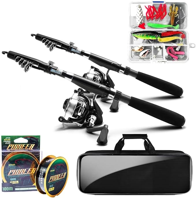 Fishing Pole and Reel Combo - 2PCS Carbon Fiber Telescopic Rods Spinning Reels Saltwater/Freshwater Kit with Lures, Line a...