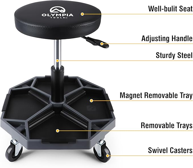 Olympia Tools Adjustable Hydraulic Rolling Mechanics Stool with with Removable Tool Tray, 300lbs Max Weight Capacity, 419-110-1002