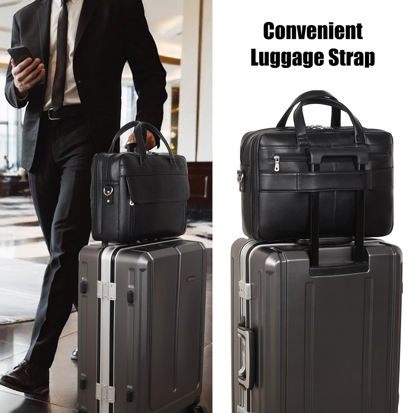 Masa Kawa Black Leather Briefcase for Men 15.6 Inch Laptop Computer Messenger Crossbody Shoulder Bag Business Travel Work Lawyer Teacher Brief Attache Case