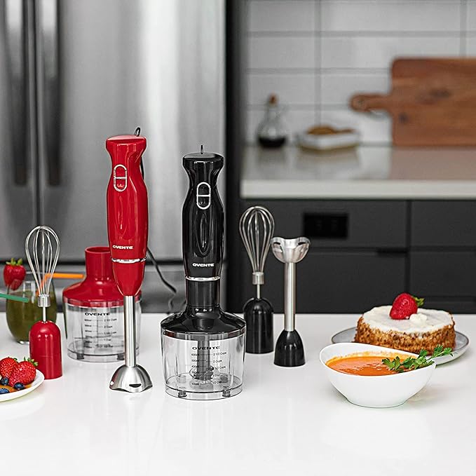 OVENTE Immersion Hand Blender Set, 300W Corded Electric Handheld Stick Mixer, 2 Mixing Speeds with Stainless Steel Blades, Egg Whisk, Beaker & BPA-Free Food Chopper, Black HS565B
