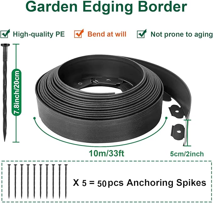 Garden Edging Border 33ft, 2in Tall Plastic Straight Top Lawn Edging Landscaping Edging Kit with 50pcs Spikes for Paver Edging, Grass Edging, Flower Beds, Yard, Black