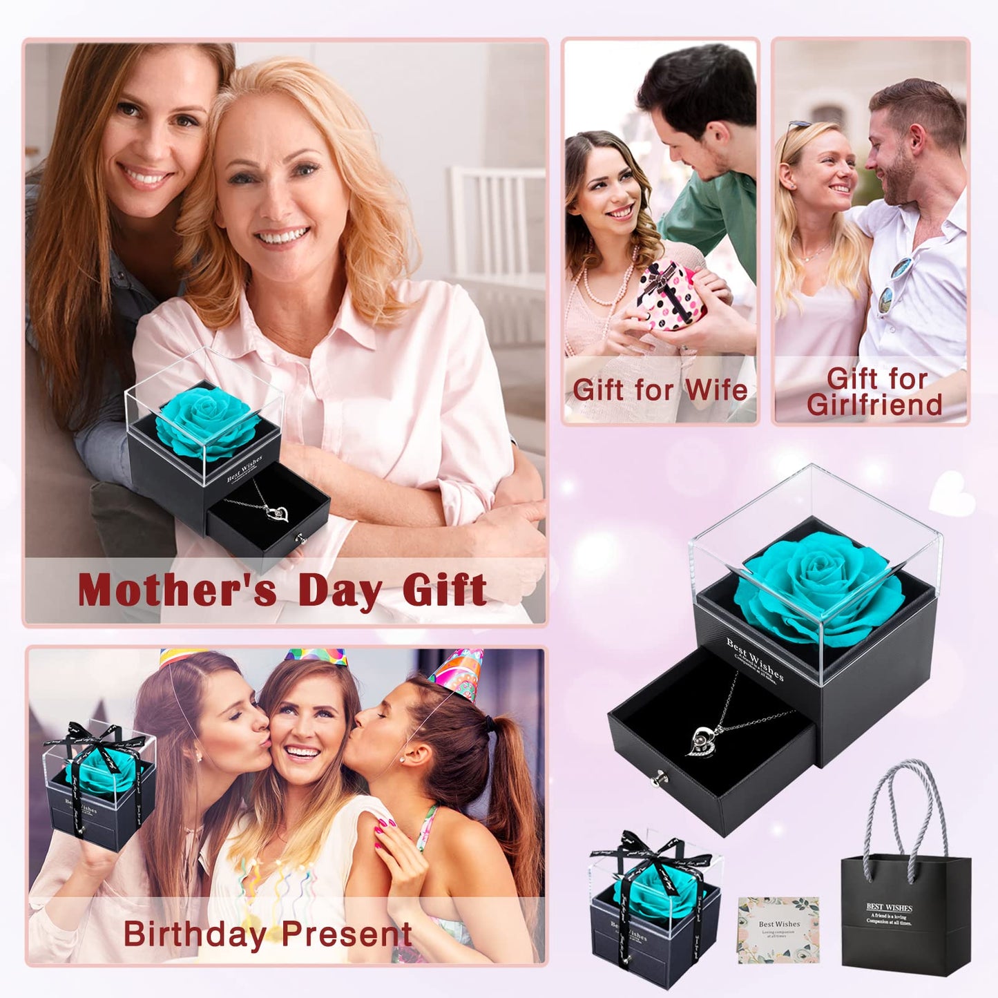 Mothers Day Rose Gifts for Mom, Preserved Rose Gifts for Girlfriend Preserved Real Rose with 100 Languages I Love You Necklace Valentine's Day Gifts,Anniversary Romantic Gifts for Wife(Light Blue)