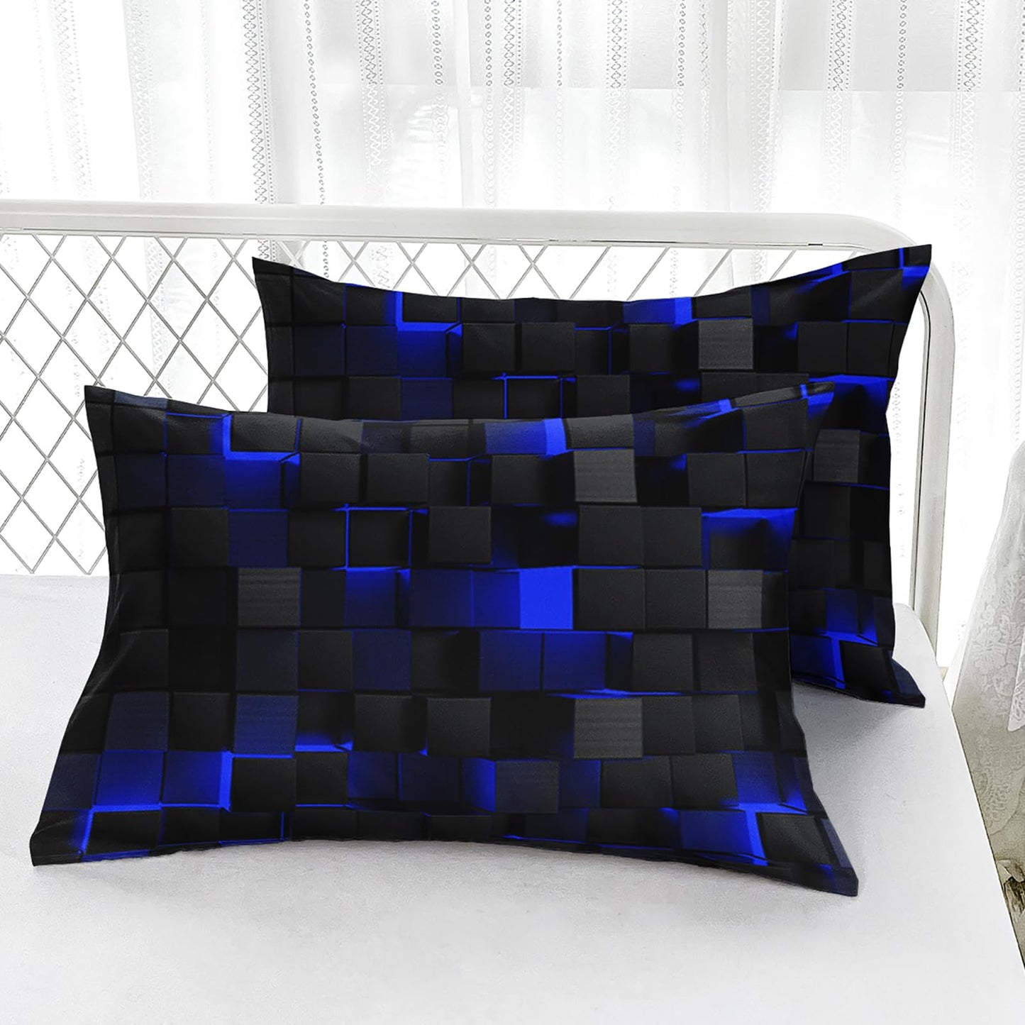 Soft Bedding Fitted Sheet Full Size,Geometric Blue Black Microfiber Fitted Sheet with 16" Deep Pockets Fitted Sheet Room Decor,Bed Sheets & 2 Pillowcases for Kids Boys and Girls