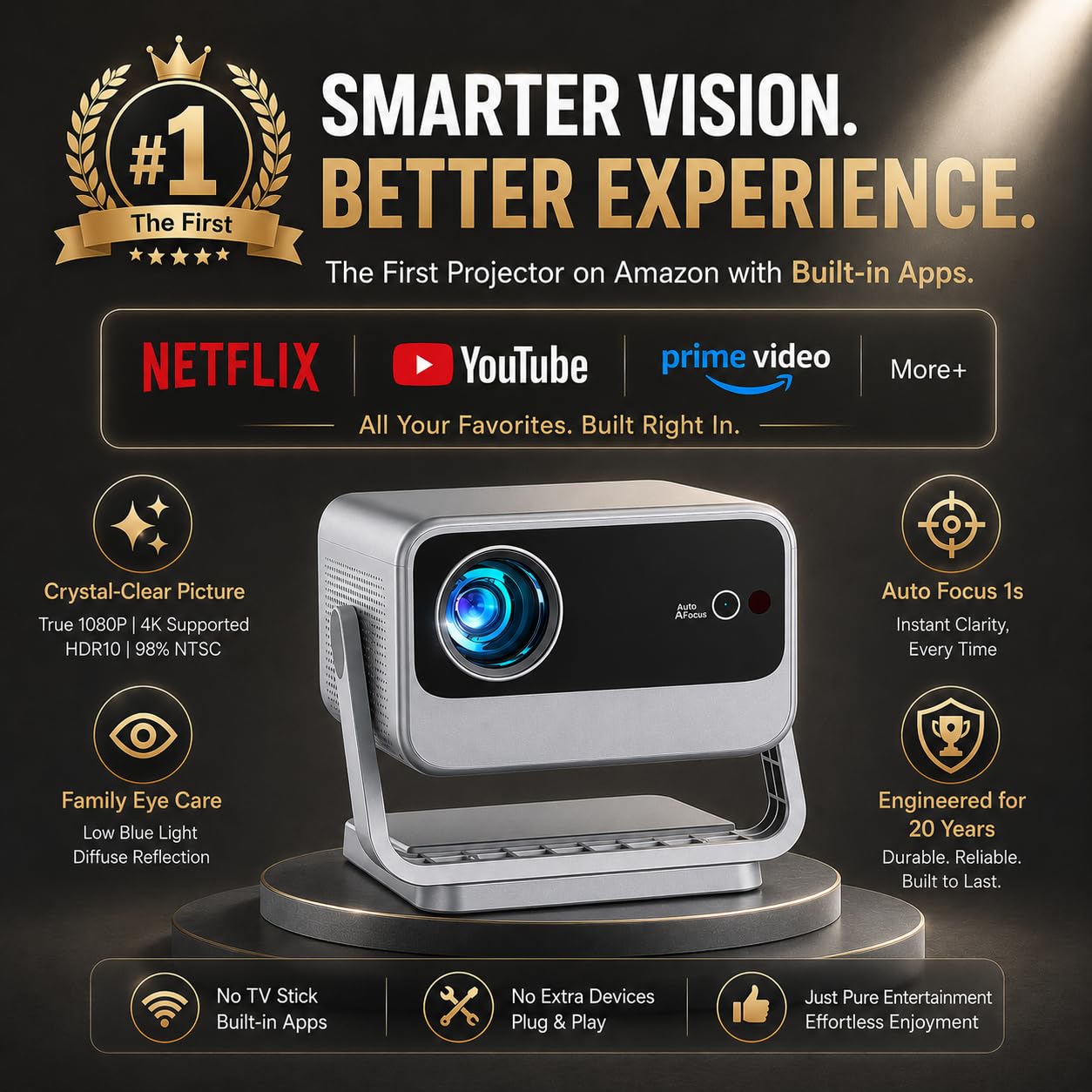 [3500 ANSI & Now with Netflix] 4K Projector with WiFi and Bluetooth for Display Booths, Auto Focus Keystone Smart Projector , Voplls Mini Projector with Adjustable Stand for Home Bedroom (silver）