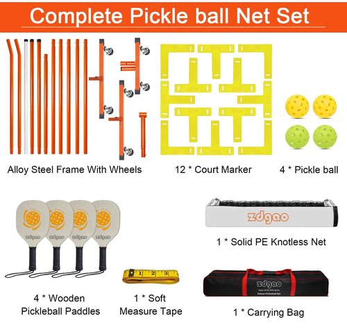 Portable Pickleball Net with Wheels and Pickleball Paddles of 4, 22FT Pickleball Net Outdoor Pickle Balls, Court Marking Kit, and Carrying Bag for Family, Home