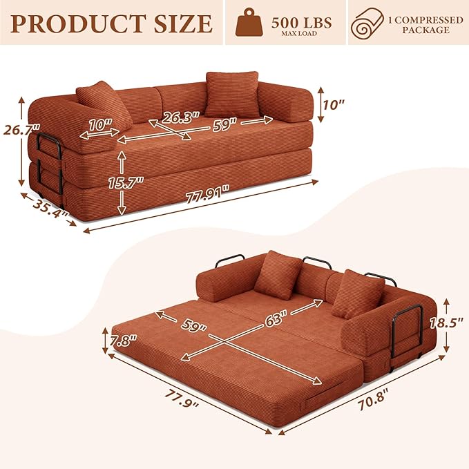 77" Convertible Sofa Bed, Modular Folding Futon Corduroy Floor Foam Compressed Loveseat Sleeper Sofa Couch, Pull Out Queen Size Couch Bed with 2 Pillows for Living Room Guest Room Studio, Orange