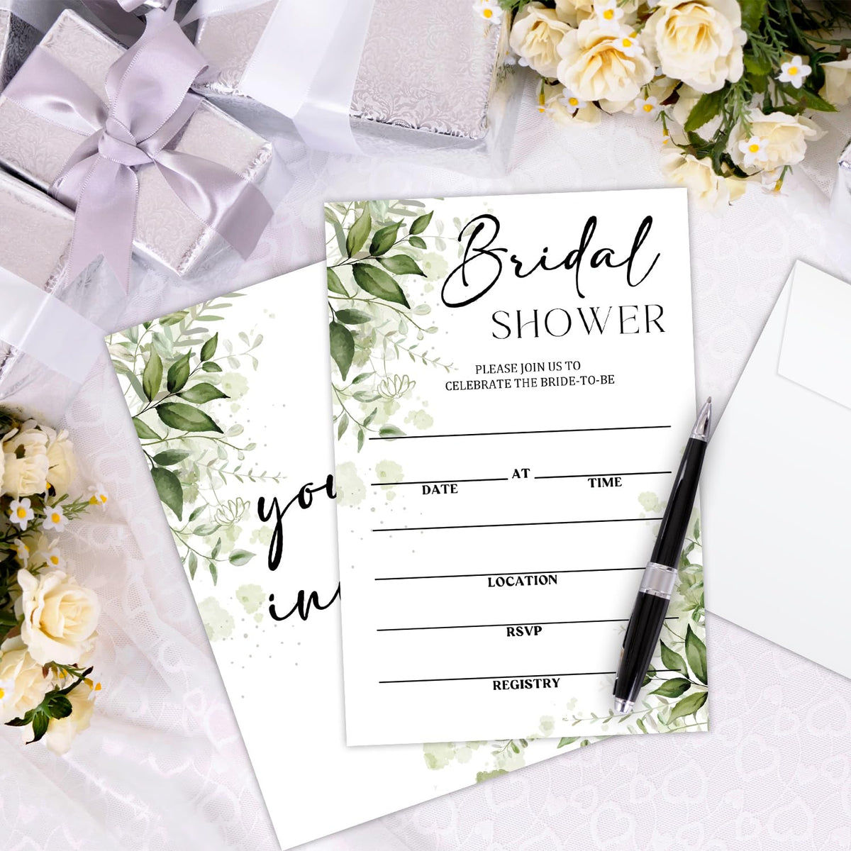 Greenery Bridal Shower Invitations Cards for Mr & Mrs, Wedding invitation Invite Cards, 25 Sets of Fill in 4 x 6 Inch Bridal Shower Invitation with Envelopes, Engagement Party Favor Supplies -04