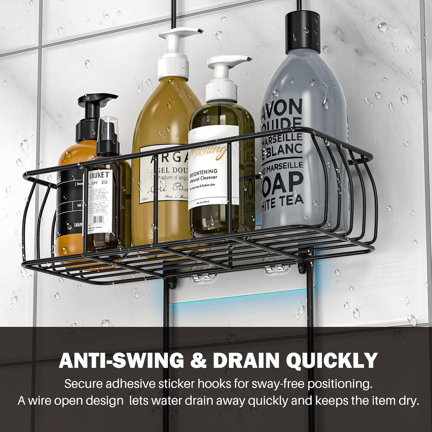 Epicano Shower Caddy Hanging, Anti-Swing Over Head Shower Caddy Rustproof with Hooks for Towels, Sponge and More, Matte Black