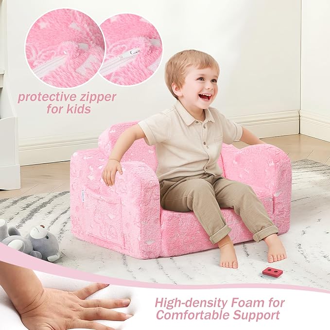 MeMoreCool Glow‑in‑The‑Dark Unicorn Toddler Chair – Soft Plush Fold‑Out Recliner | Kids Lounge Chair for Boys & Girls Aged 1‑3, Convertible 2‑in‑1 Seating & Napping Spot, Easy‑Fold Safe Construction