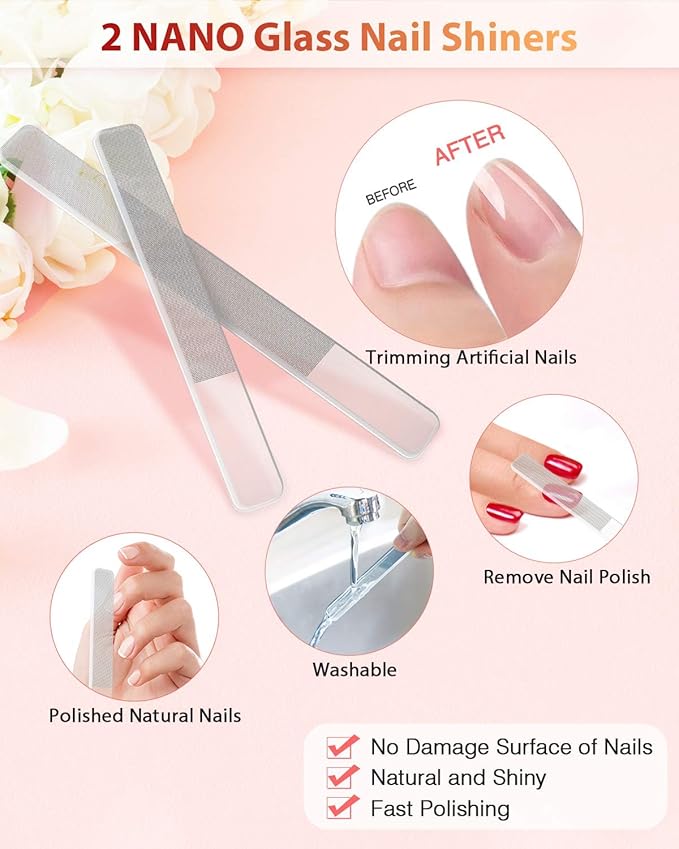 Glass Nail File and Nail Shiner, 4PC Crystal Nail File and Nano Glass Nail Buffer, Premium Set with Case, Professional Manicure Tool Fingernail Czech File for Natural Nail, Gift for Women and Girls