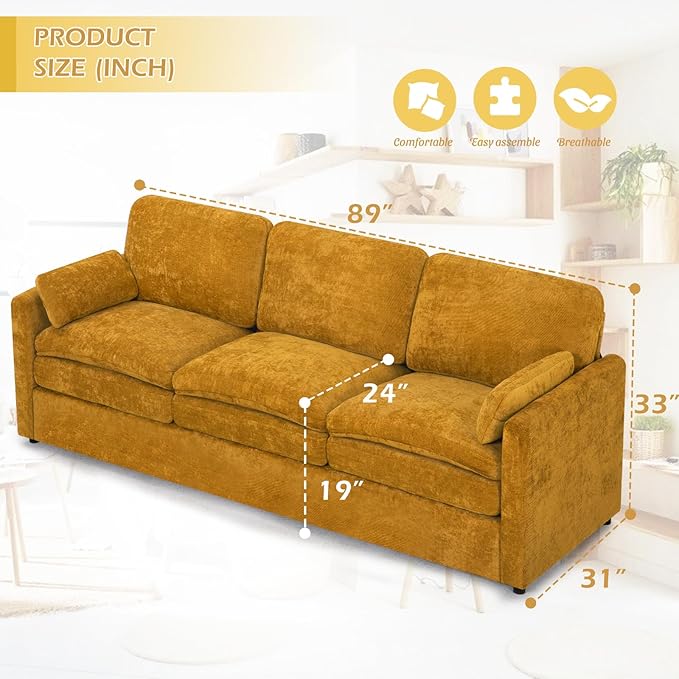 ACMEASE 3 Pieces Chenille Sofa Set w/Arm Pillows, Upholstered 2 Pieces Loveseat & 3 Seater Sofa w/Comfortable Back Cushions, Modern 2-Seat & 3-Seat w/High-Density Foam for Living Room, Yellow