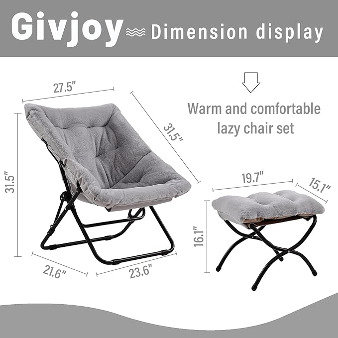 Givjoy Comfy Folded Chair with Ottoman, Oversized Folding Faux Fur Chair Soft Furry Lounge Lazy Chair with Metal Frame Moon Chair Accent Chair for Bedroom, Living Room, Dorm Rooms