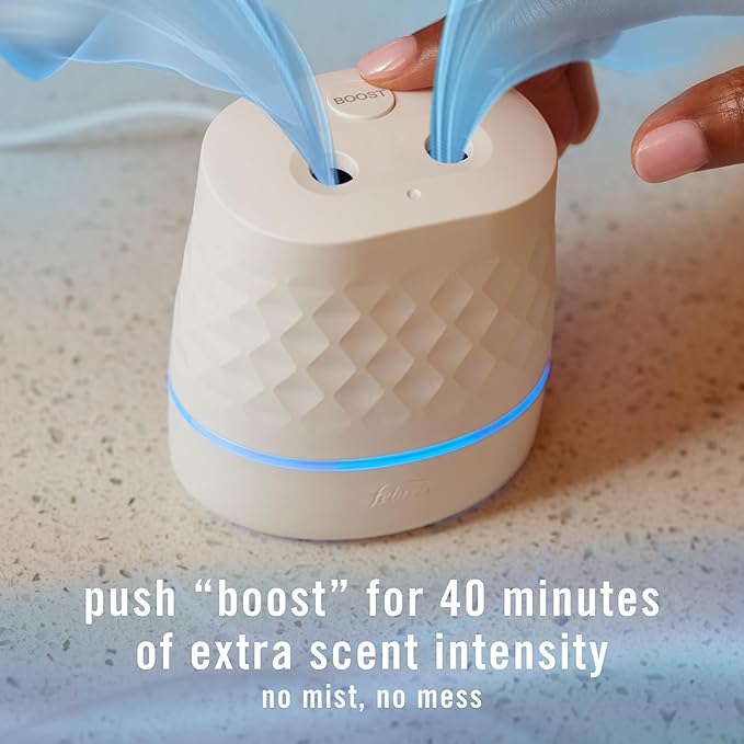 Febreze Plug Scent Booster Starter Kit, Oil Diffuser, Air Freshener Plug in, Giftable for Holidays, Continuous Scent Device + 2 Downy Calm Refills