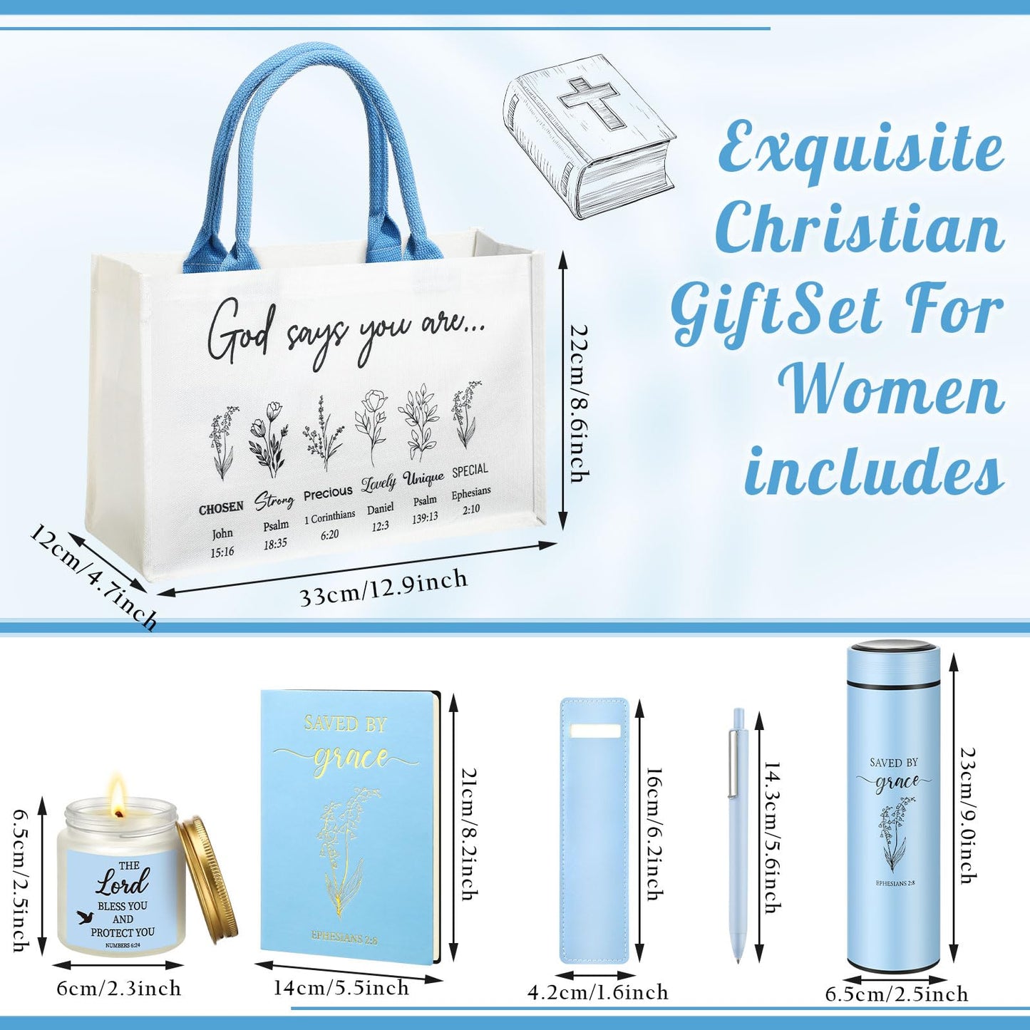 Thenshop 6 Pcs Christian Gift Set for Women Faith, Inspirational Religious Gifts for Women, Catholic Christmas Birthday Gifts for Friends, Mother, Sister, Wife(Blue)