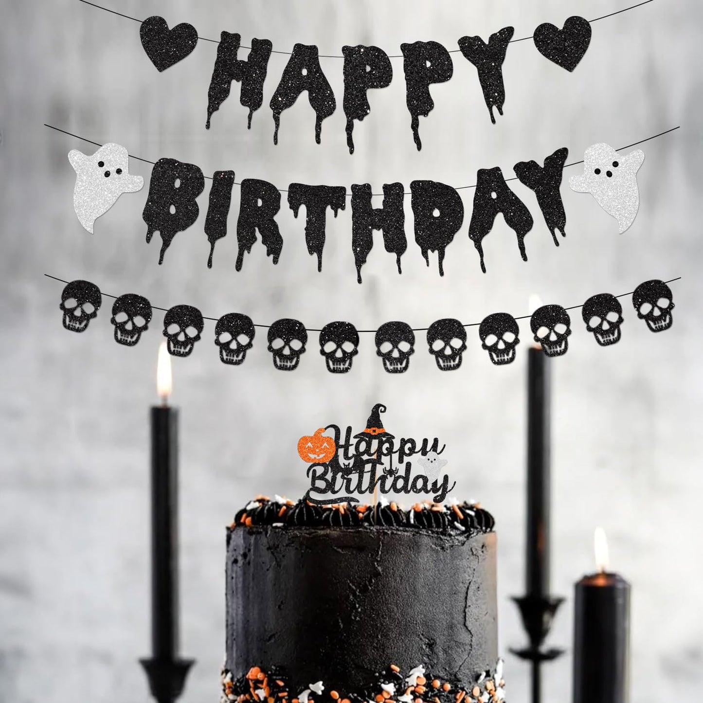 FHGG Black Glitter Halloween Birthday Banner Black Heart Skull Garland Happy Birthday Decorations for Halloween Party Decorations Theme Baby Shower Supplies