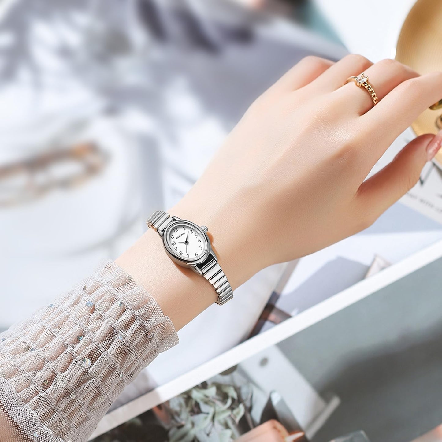 BOFAN Small Watches for Women Easy Read Ladies Quartz Wrist Watch with Silver Stainless Steel Expansion Band,Waterproof.（6.10in-6.89in）