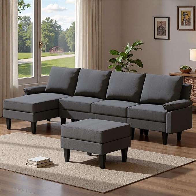Topcomfy U-Shaped Sectional Couches for Living Room, Convertible 4 Seat Modular Sectional Sofa Set with Ottoman, Modern L Shaped Couch with Chaise for Apartment and Office, Polyester Dark Gray
