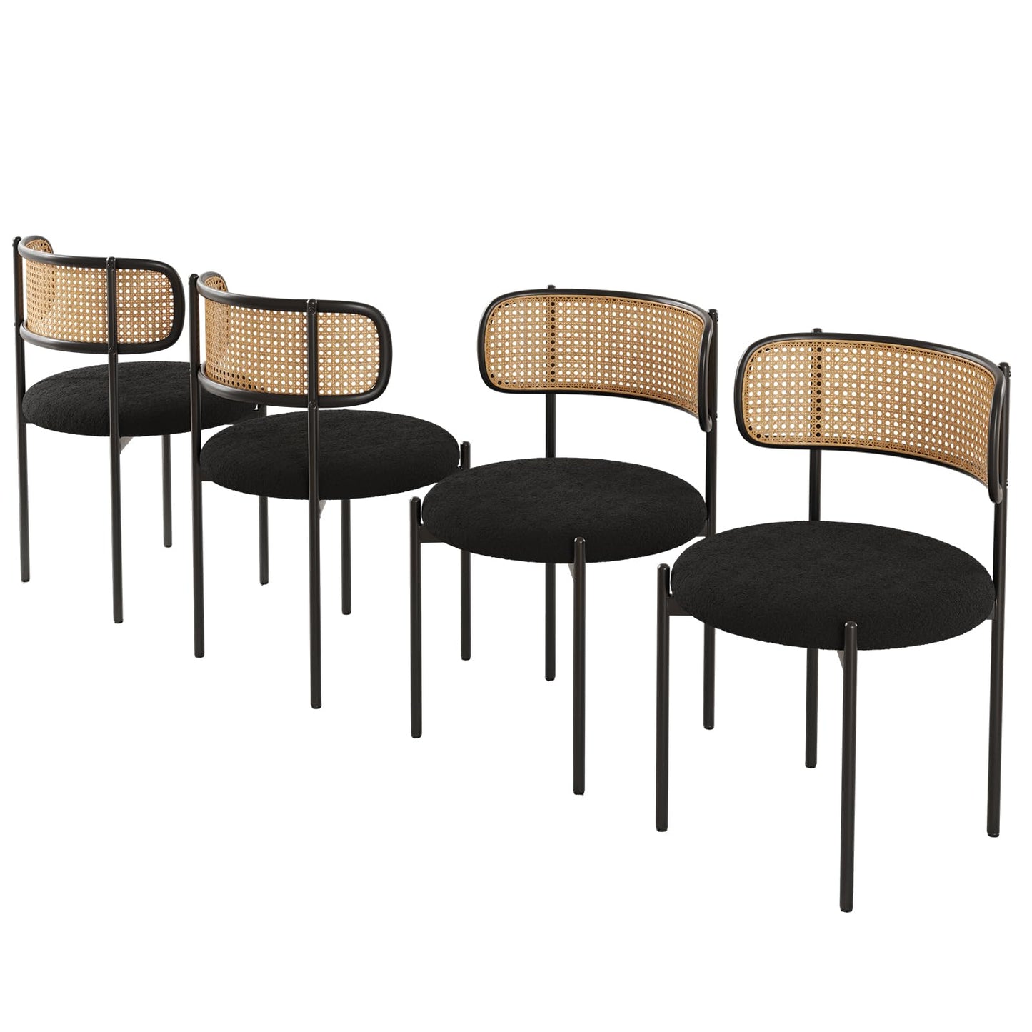 Farini Modern Upholstered Dining Chairs Set of 4,Rattan Back Dining Room Chairs,Accent Kitchen Chairs with Metal Legs,Black