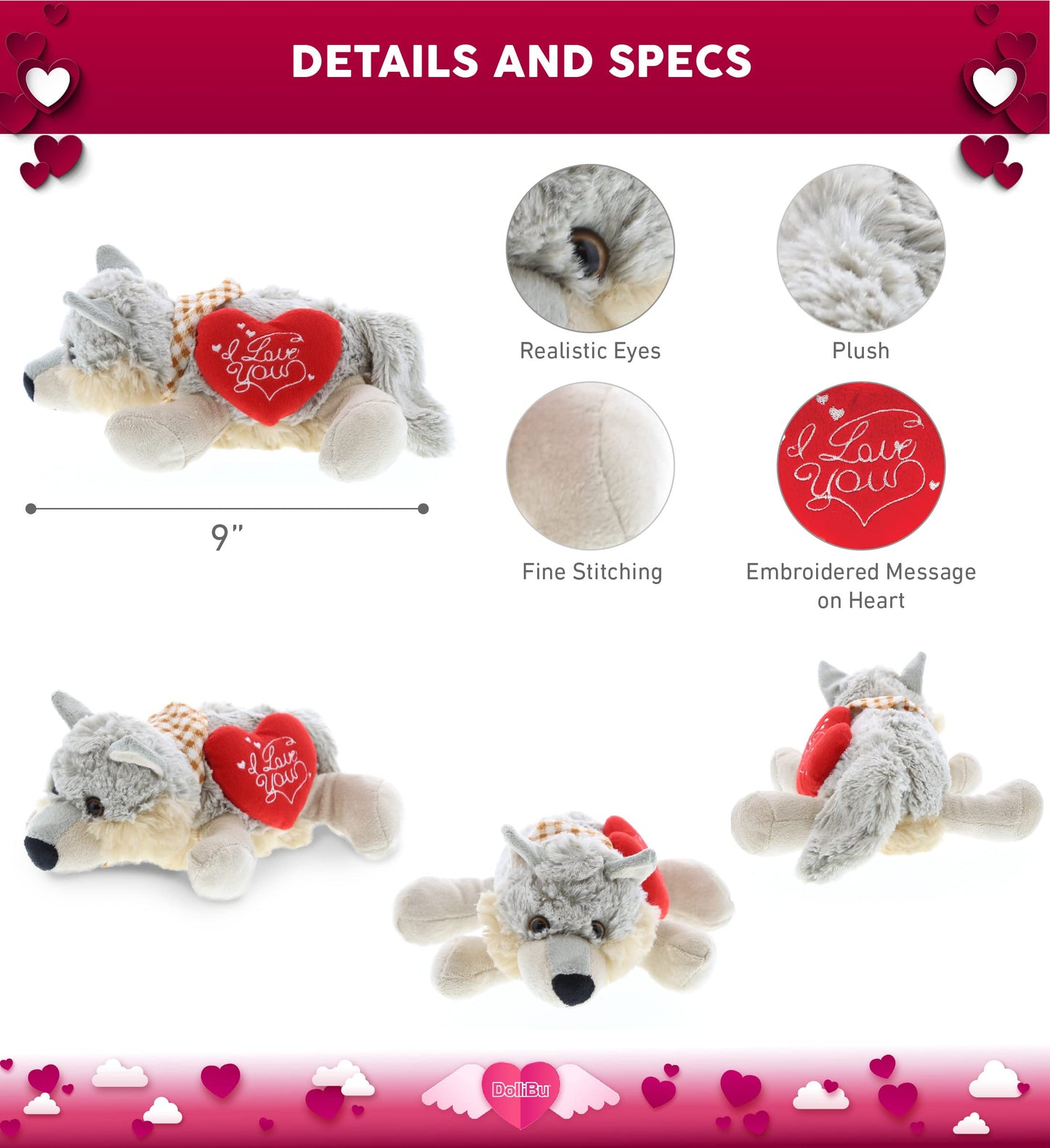 DolliBu I Love You Valentine Plush Lying Grey Wolf - Cute Stuffed Animal with Red Heart and Name Personalization Gift for Valentines Day, Birthday, Anniversary, Romantic Date - 9 Inches