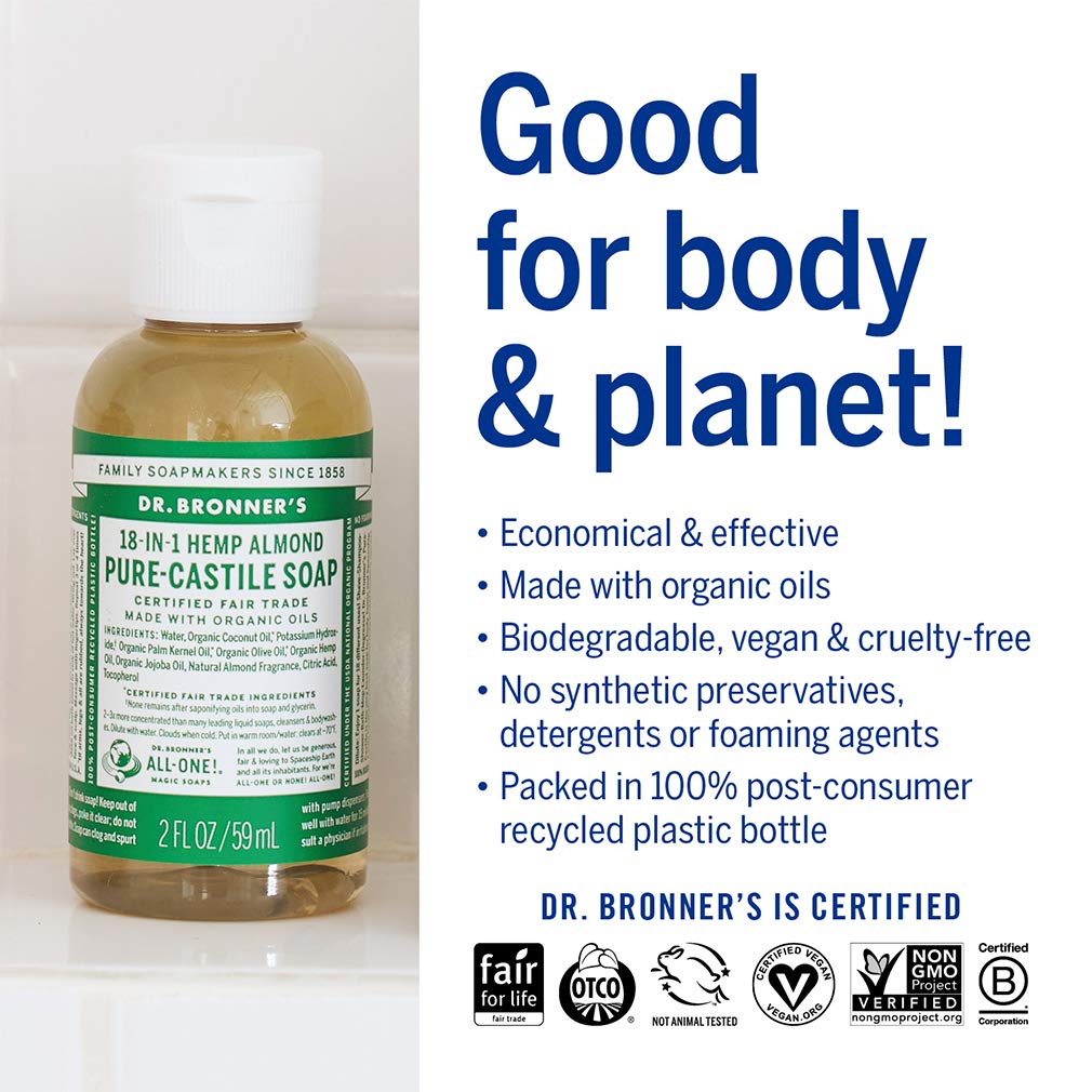 Dr. Bronner 's - Pure-Castile Liquid Soap (Almond, Travel Size, 2 ounce) - Made with Organic Oils, 18-in-1 Uses: Face, Body, Hai
