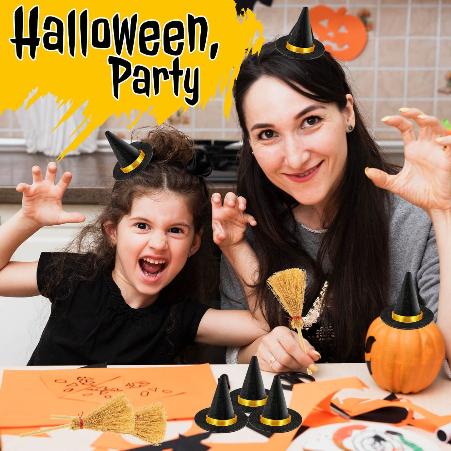 ZHWKMYP 14Pcs Mini Witch Hat, Small Black Witch Hats for Crafts Halloween Party Decor