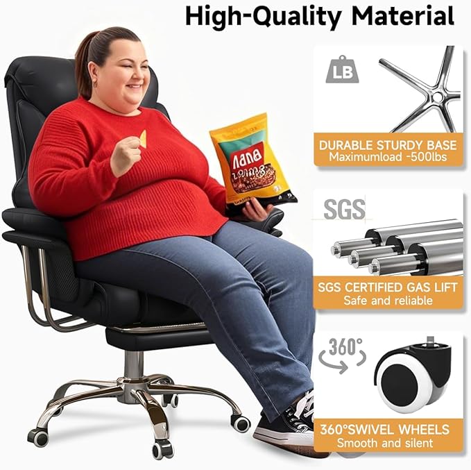 HDHNBA Big and Tall Office Chair 550 lbs Extra Wide Leather Executive Chair with Retractable Footrest, Heavy-Duty Ergonomic Chair, Adjustable Height Computer Gaming Chairs