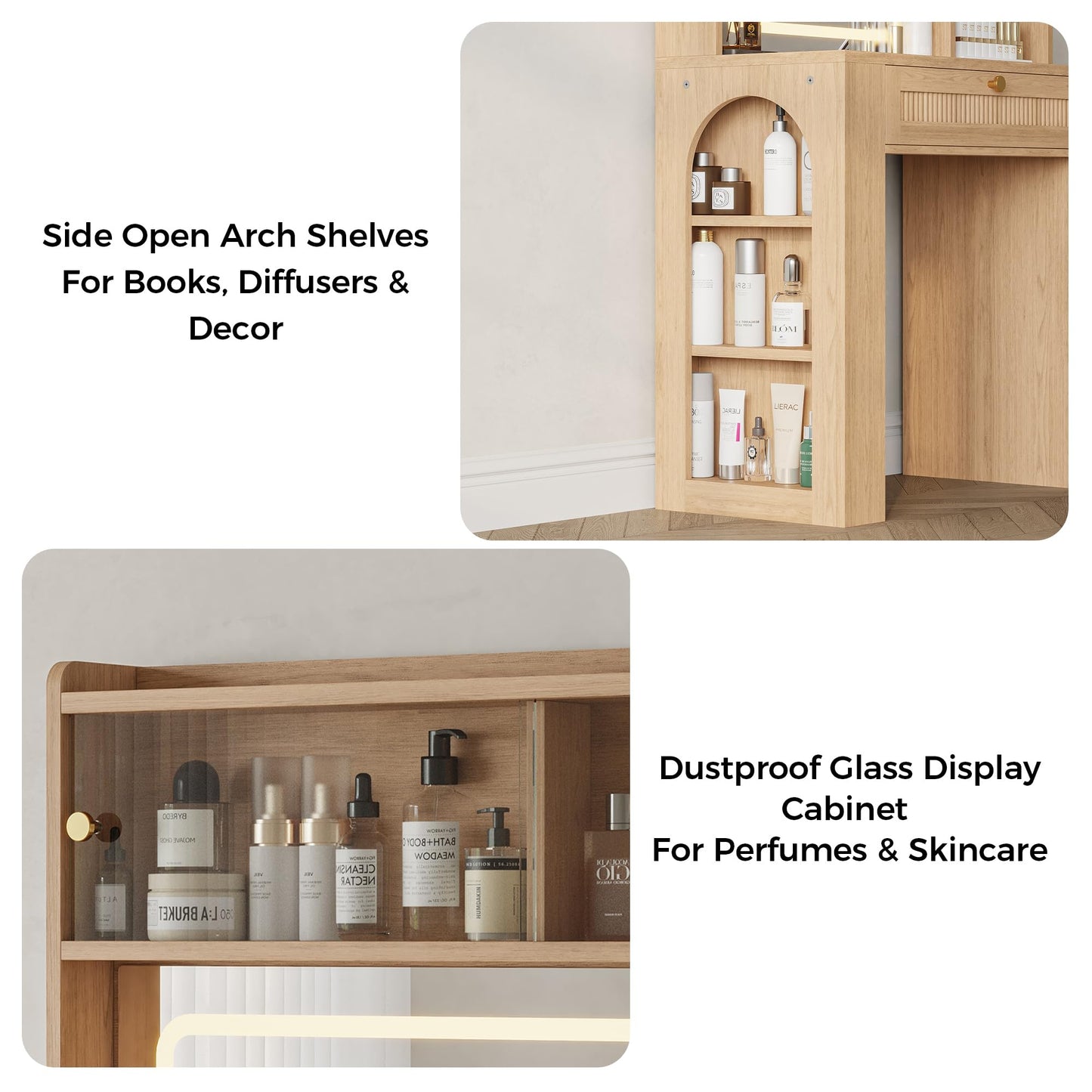 IRONCK Vanity Desk with LED Lighted Mirror, 3-Color Dimmable Makeup Vanity with Glass Top & Charging Station, 4 Drawers & Open Shelves, 63" H Vanity for Bedroom, White/Natural Wood