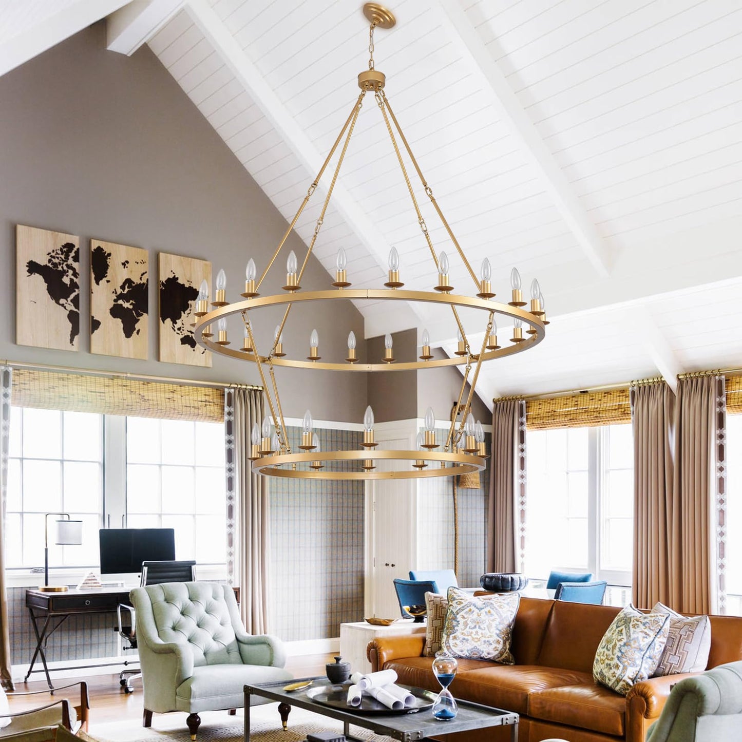 JKLX 48 Inch 2 Tier Gold Extra Large Wagon Wheel Chandelier 36-Lights Farmhouse Industrial Round High Ceiling Pendant Light Adjustable Chain, for Dining Room, Living Room