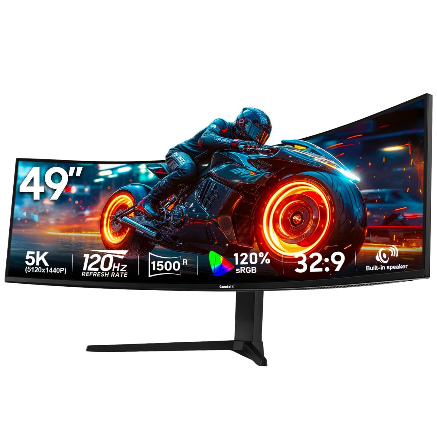 Gawfolk 49 Inch Curved Gaming Monitor 120hz,1500R PC Monitor Built-in Speakers, DQHD 5120x1440 Computer Screen for Home Office Business, DP, HDMI, Support Wall Mount 100x100mm