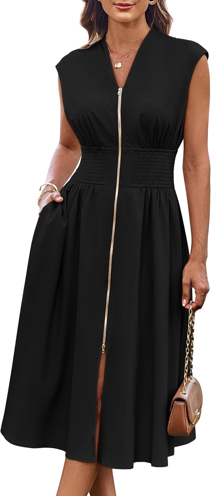 GRACE KARIN Womens Summer Casual Dress, Business Office Work Dresses, Cap Sleeve Zipper Front Flowy Midi Dress with Pockets