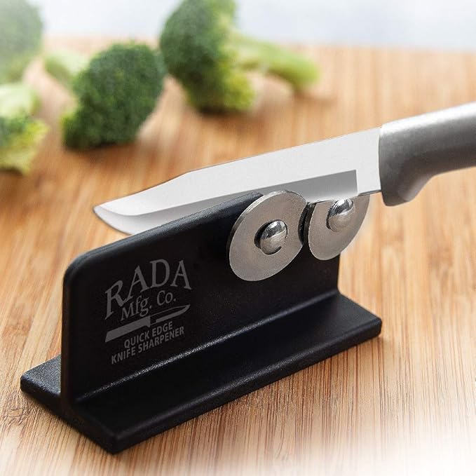 Rada Cutlery 7-piece Starter Knife Gift Set (S38) with Quick Edge Sharpener (R119), Stainless Steel Hollow Ground Blades, Made in USA, Silver Handles