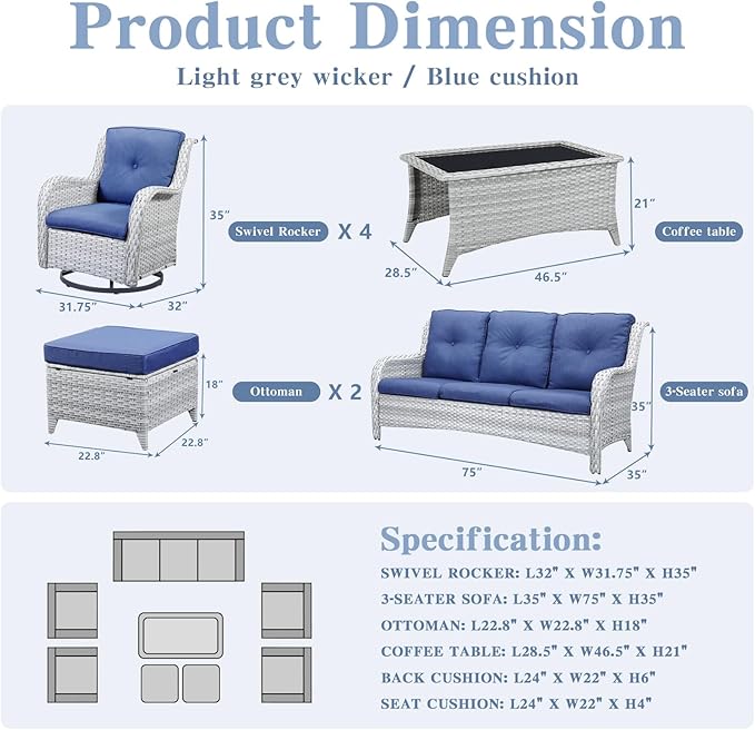 Belord Wicker Patio Furniture Sets - 8 Piece Outdoor Rattan Furniture Conversation Sets with 4 Swivel Rocker Chairs, Rattan Sofa, Wicker Ottomans and Coffee Table, Light Grey/Blue