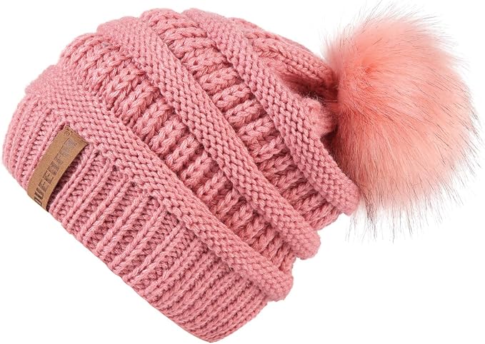QUEENFUR Women Knit Slouchy Beanie Chunky Baggy Hat with Faux Fur Pompom Winter Soft Warm Ski Cap