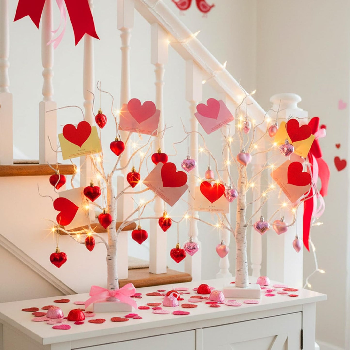 PEIDUO Valentine's Day Decorations, Set of 2 Gift Card Tree with 24 Hanging Heart Ornaments, for Home Indoor Bedroom Anniversary Wedding Party Decor, 6H/18H Timer
