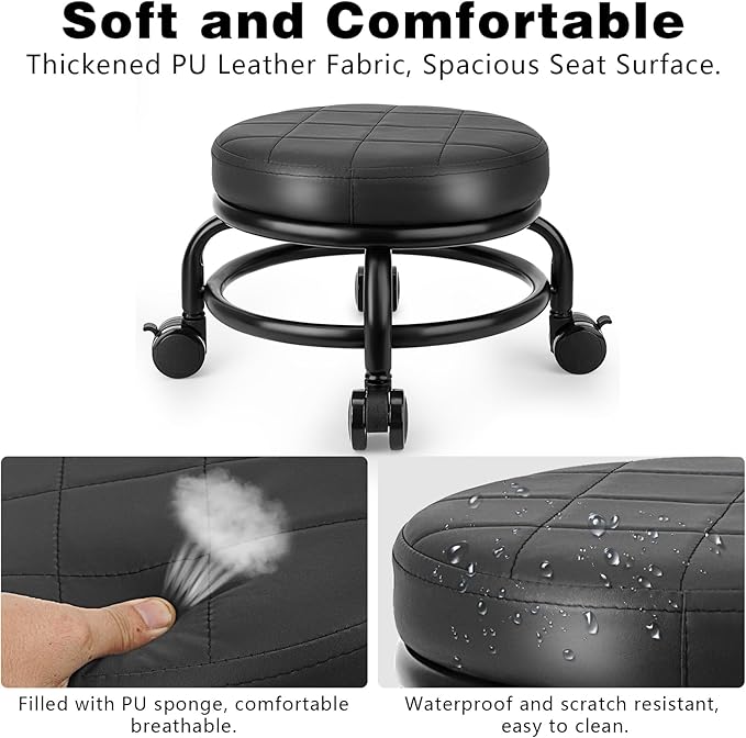 LWADALN Low Roller Stool Low Height Rolling Stool Seat PU Leather Small Chair Foot Stool Round Rolling Stools for Home Office Garage Shop (Black)