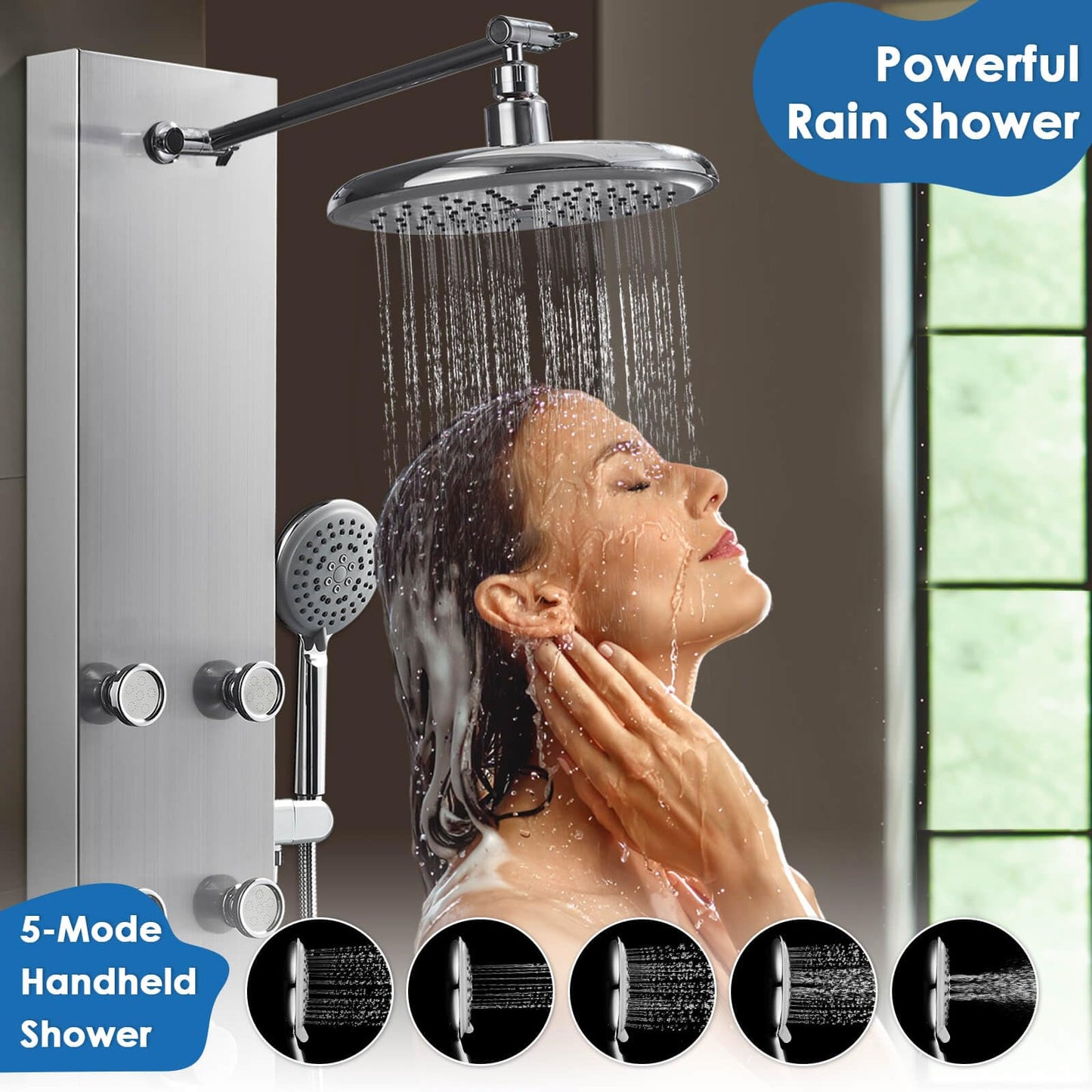 ROVOGO Shower Panel Tower System with Adjustable Rainfall Head, 6 Body Jets and 5-Setting Handheld, Mixer Valve Included, Stainless Steel, Brushed
