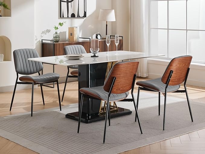 YaFiti Dining Chairs Set of 6, Mid Century Modern Accent Dining Room and Kitchen Chairs, Upholstered PU Leather Vertical Stripe Chairs for Vanity with Walnut Bentwood and Metal Legs, Gray