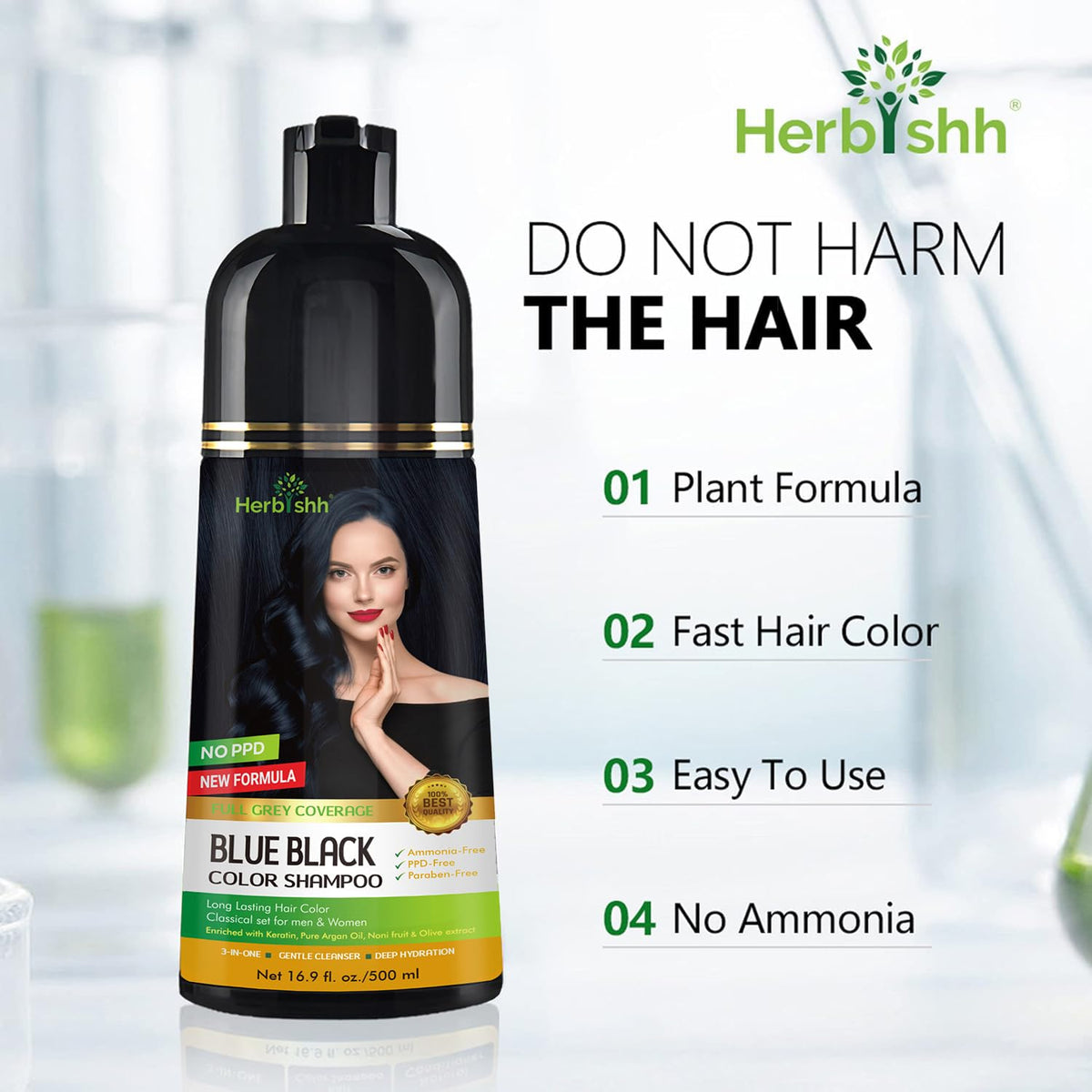 Herbishh Hair Color Shampoo - Magic Long-Lasting Hair Dye for Gray Hair Coloring in Minutes - 500 Ml - 3-In-1 Ammonia-Free Formu